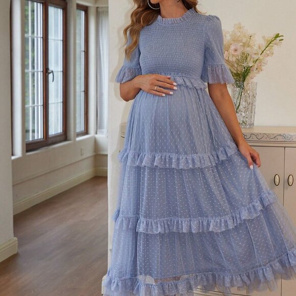 Blue Elegant Women's Polka Dot Printed Maternity Dress With Ruffle Hem - Picture 6 of 6